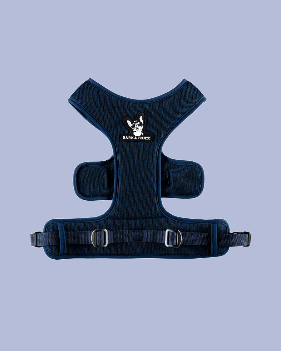 Adjustable strap and buckle detail on the Nightcap Bark & Tonic cooling dog harness (navy blue)