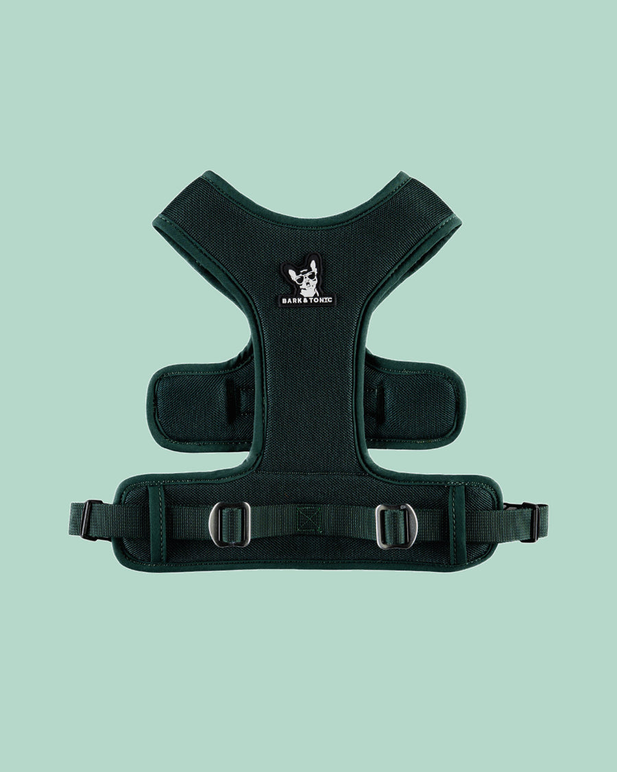 Adjustable strap and buckle detail on the Juniper Bark & Tonic cooling dog harness (green)